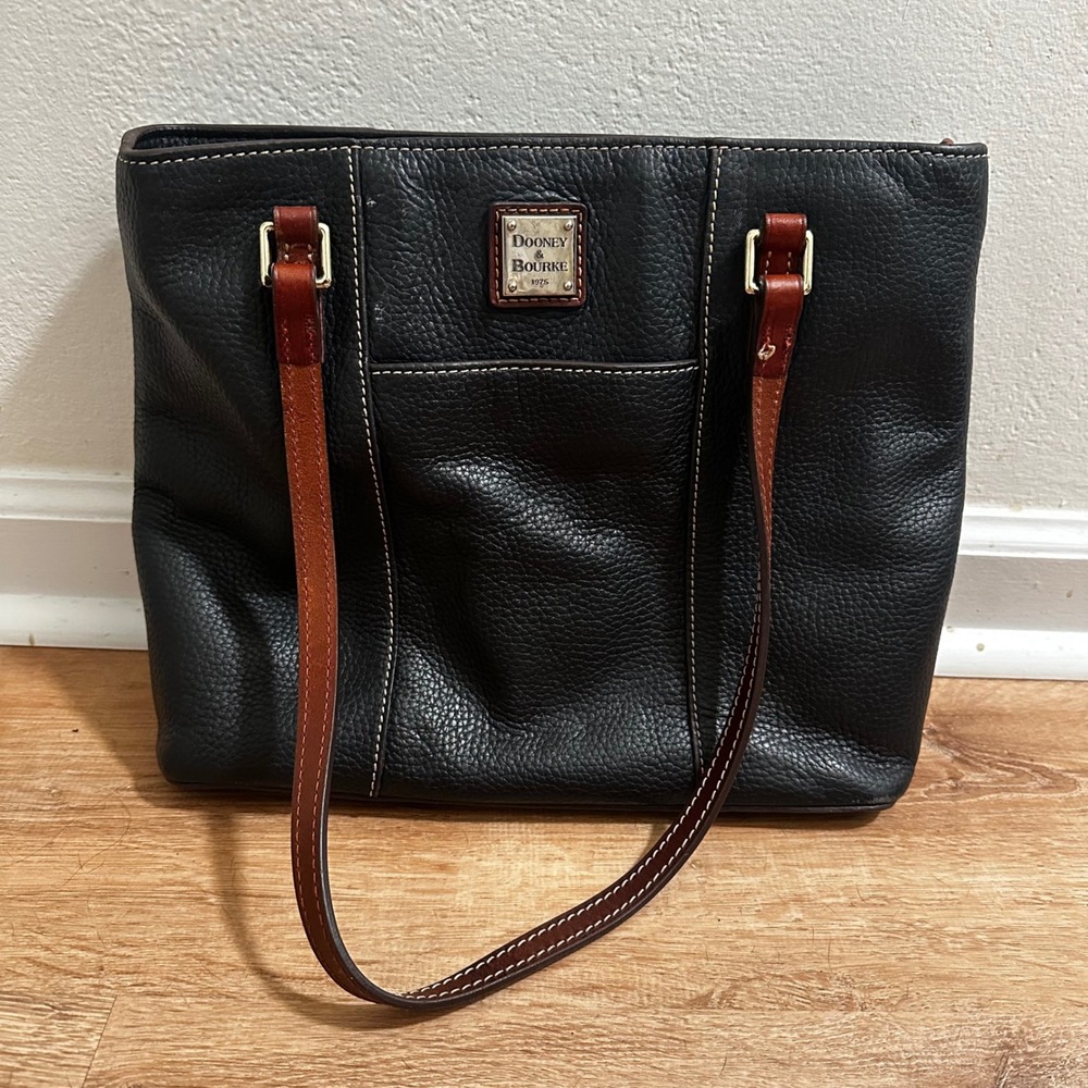 Dooney & Bourke Black Pebbled Leather Tote Bag Cognac Trim Shoulder Bag